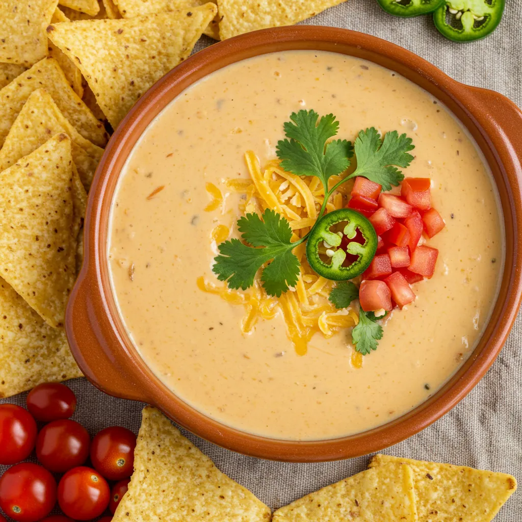 A warm bowl of creamy queso dip topped with fresh cilantro, jalapeños, and shredded cheese, surrounded by crispy tortilla chips with diced tomatoes as garnish.