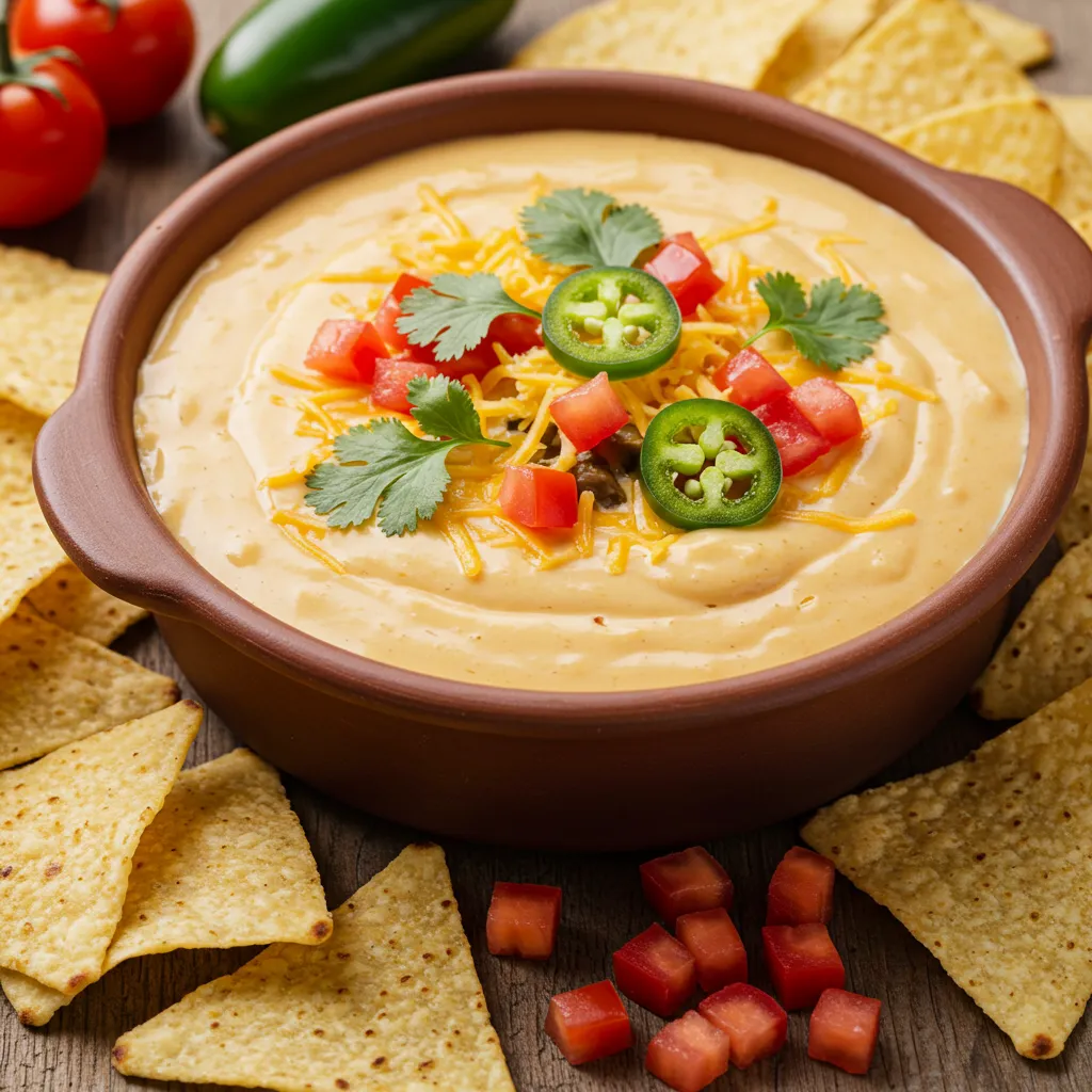 A warm bowl of creamy queso dip topped with fresh cilantro, jalapeños, and shredded cheese, surrounded by crispy tortilla chips with diced tomatoes as garnish.