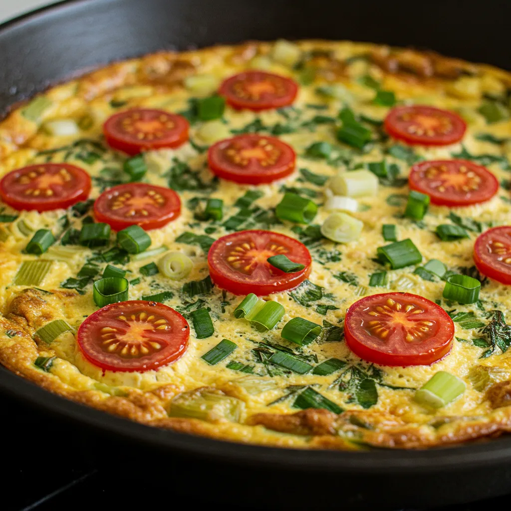 A perfectly golden Fresh Herb and Spring Onion Frittata, topped with fresh herbs and colorful cherry tomatoes, fresh from the oven