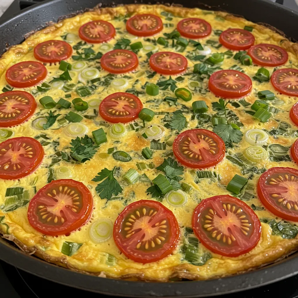 A perfectly golden Fresh Herb and Spring Onion Frittata, topped with fresh herbs and colorful cherry tomatoes, fresh from the oven