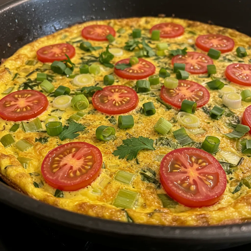 A perfectly golden Fresh Herb and Spring Onion Frittata, topped with fresh herbs and colorful cherry tomatoes, fresh from the oven