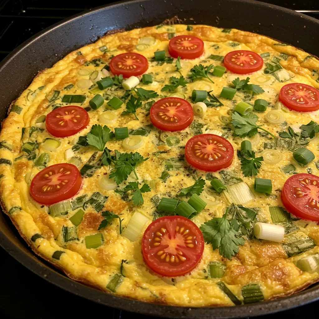 A perfectly golden Fresh Herb and Spring Onion Frittata, topped with fresh herbs and colorful cherry tomatoes, fresh from the oven