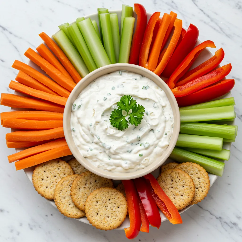 Creamy Garlic Herb Cream Cheese Dip in a bowl, garnished with fresh herbs, surrounded by vegetable sticks and crispy crackers.