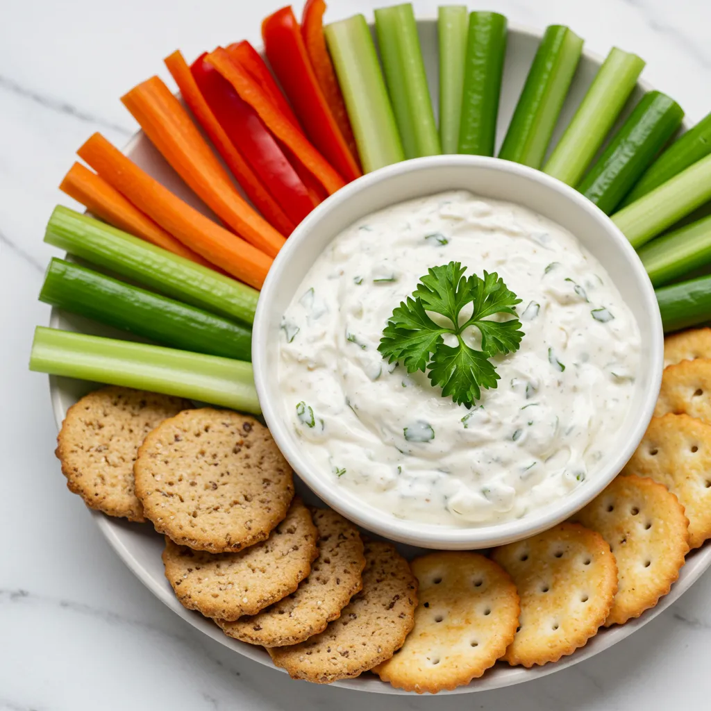 Creamy Garlic Herb Cream Cheese Dip in a bowl, garnished with fresh herbs, surrounded by vegetable sticks and crispy crackers.