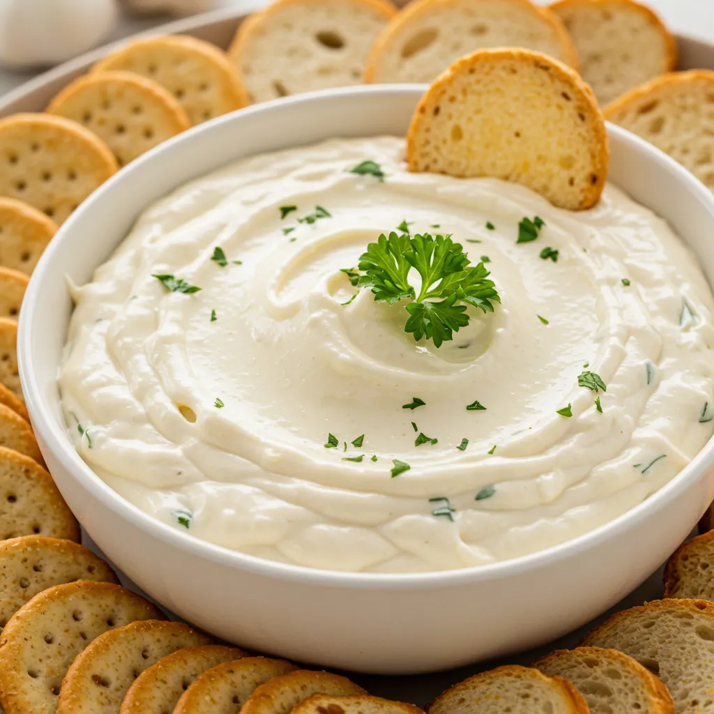 A creamy and velvety bowl of Garlic Parmesan White Cheese Dip, garnished with fresh parsley. Surrounded by crispy crackers and sliced bread, the steaming dip highlights its rich, cheesy texture.