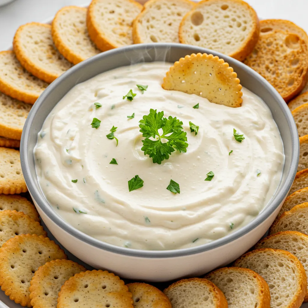 A creamy and velvety bowl of Garlic Parmesan White Cheese Dip, garnished with fresh parsley. Surrounded by crispy crackers and sliced bread, the steaming dip highlights its rich, cheesy texture.