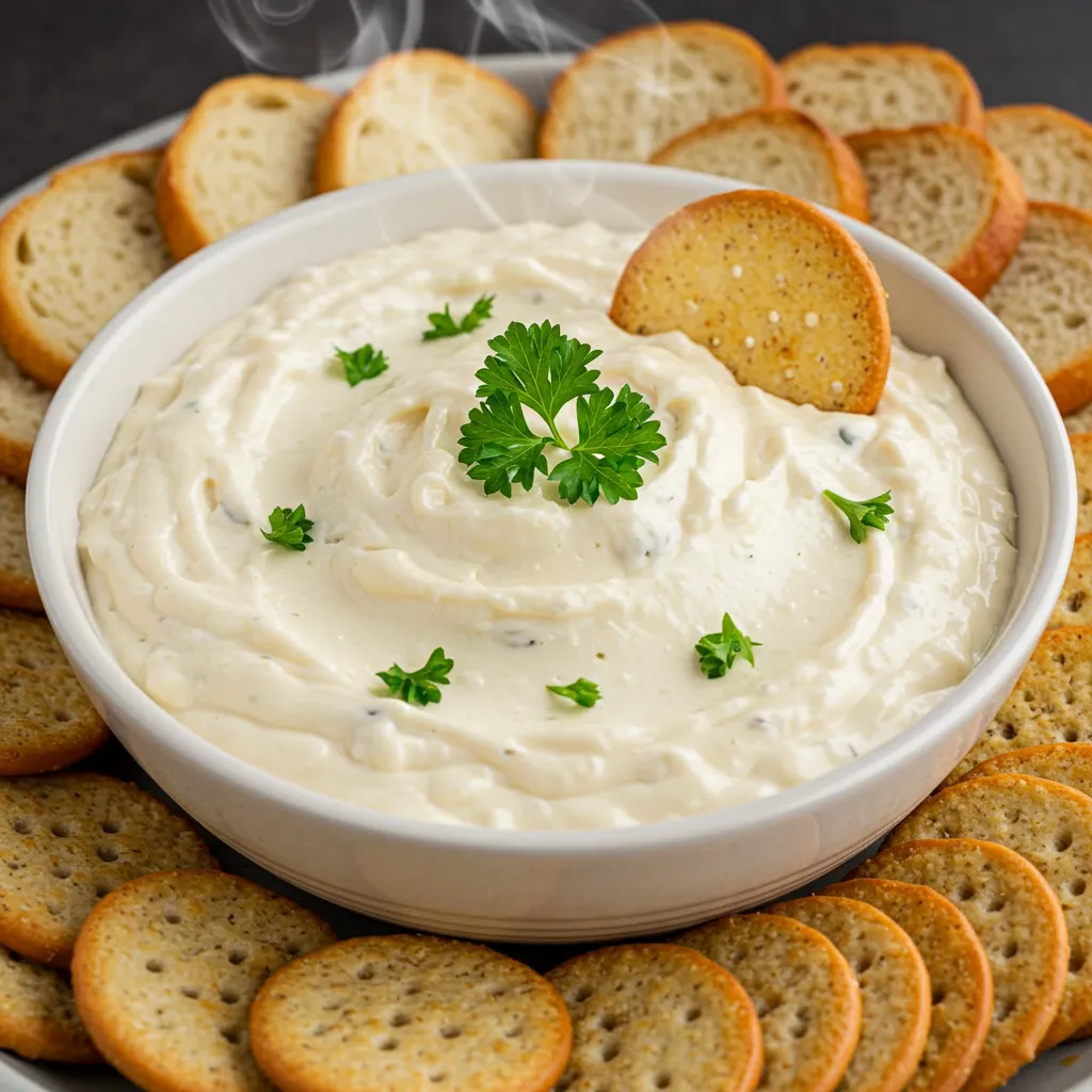 A creamy and velvety bowl of Garlic Parmesan White Cheese Dip, garnished with fresh parsley. Surrounded by crispy crackers and sliced bread, the steaming dip highlights its rich, cheesy texture.