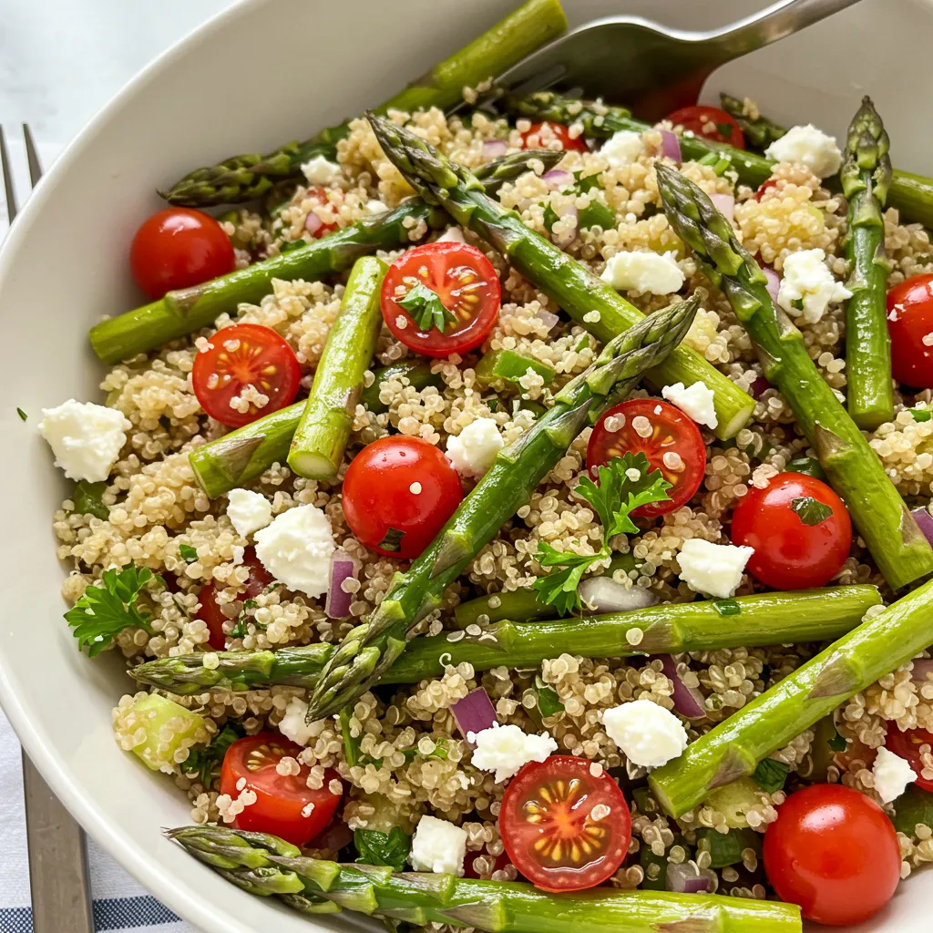 A vibrant bowl of Roasted Asparagus and Quinoa Salad with Feta, featuring tender asparagus, cherry tomatoes, red onions, and crumbled feta, garnished with fresh parsley.