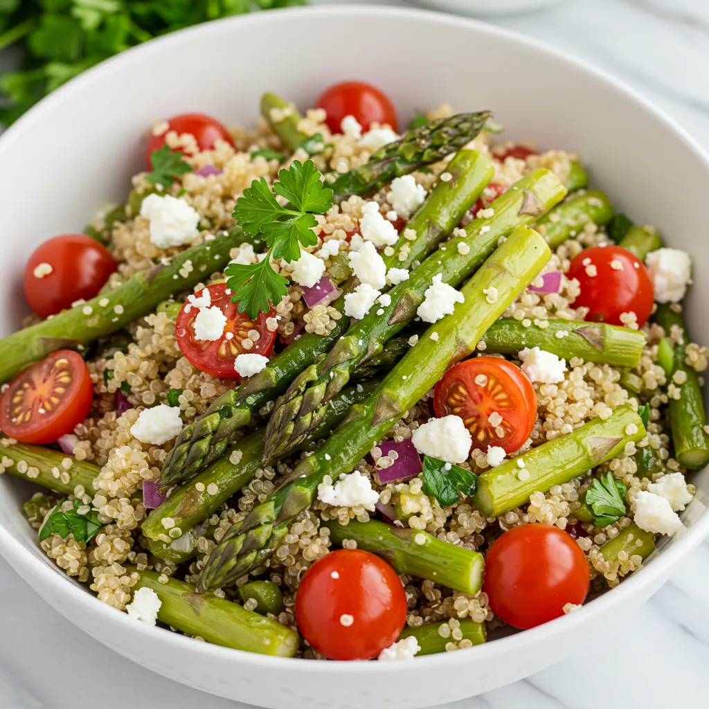 A vibrant bowl of Roasted Asparagus and Quinoa Salad with Feta, featuring tender asparagus, cherry tomatoes, red onions, and crumbled feta, garnished with fresh parsley.