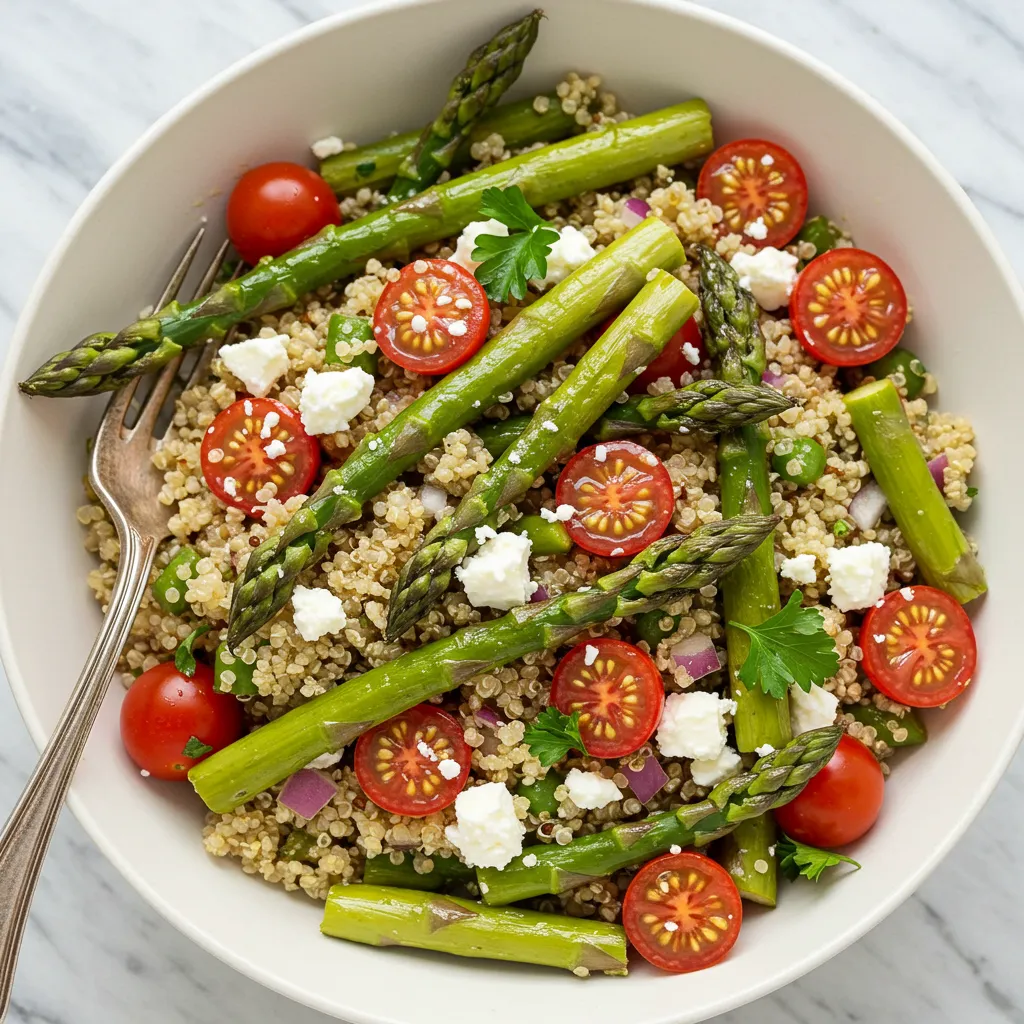 A vibrant bowl of Roasted Asparagus and Quinoa Salad with Feta, featuring tender asparagus, cherry tomatoes, red onions, and crumbled feta, garnished with fresh parsley.