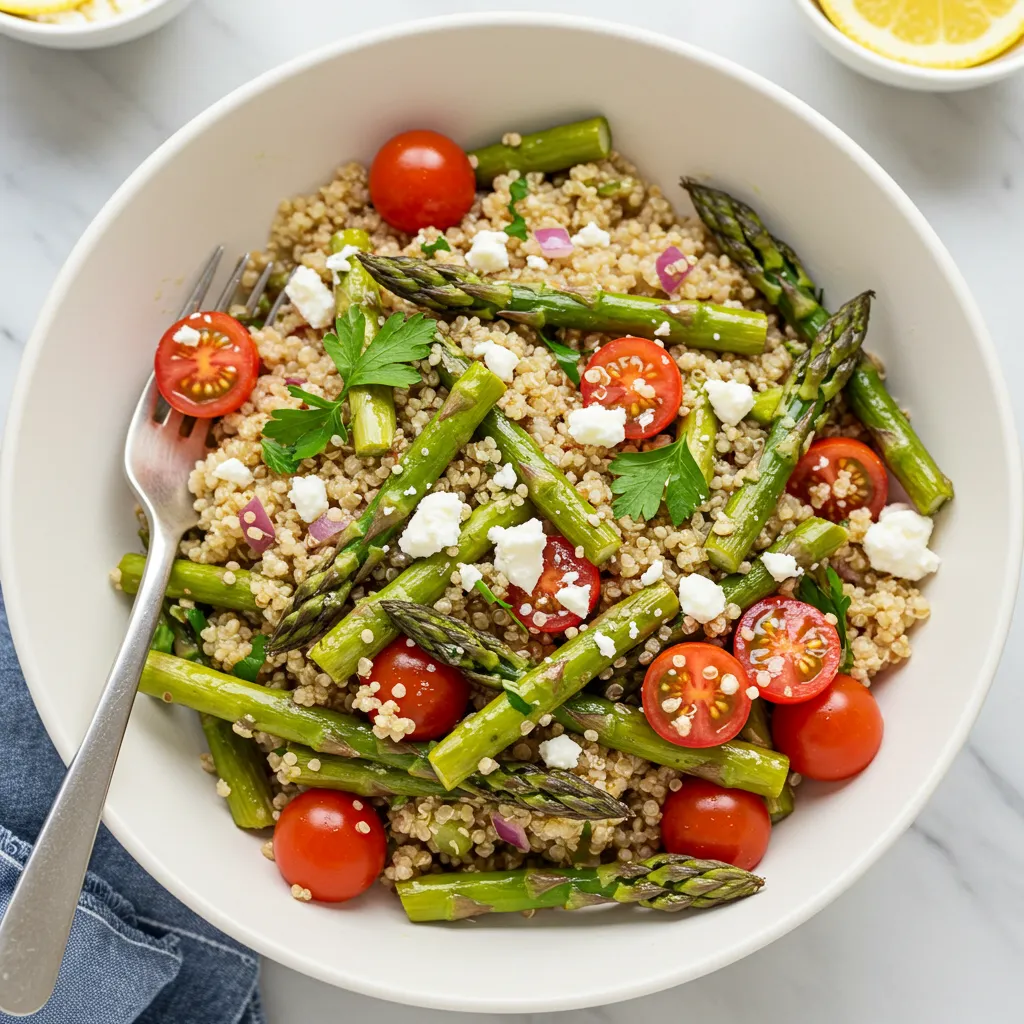 A vibrant bowl of Roasted Asparagus and Quinoa Salad with Feta, featuring tender asparagus, cherry tomatoes, red onions, and crumbled feta, garnished with fresh parsley.