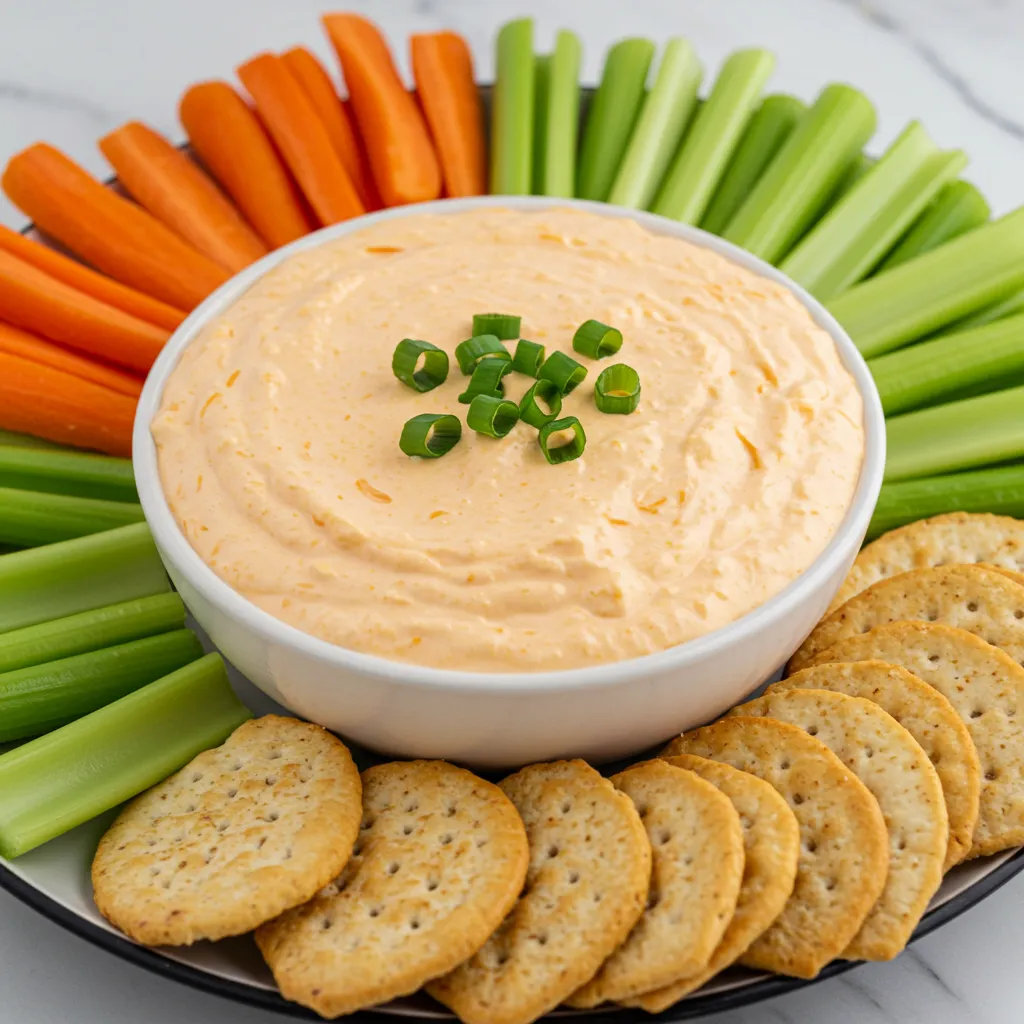 Spicy Buffalo Cream Cheese Dip in a bowl, garnished with green onions, surrounded by carrot sticks, celery sticks, tortilla chips, and crackers.