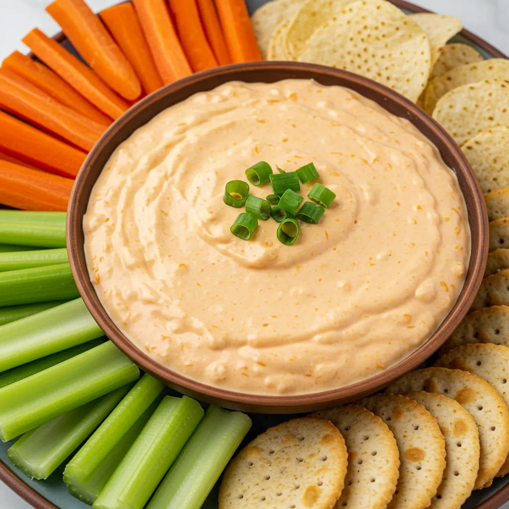 Spicy Buffalo Cream Cheese Dip in a bowl, garnished with green onions, surrounded by carrot sticks, celery sticks, tortilla chips, and crackers.