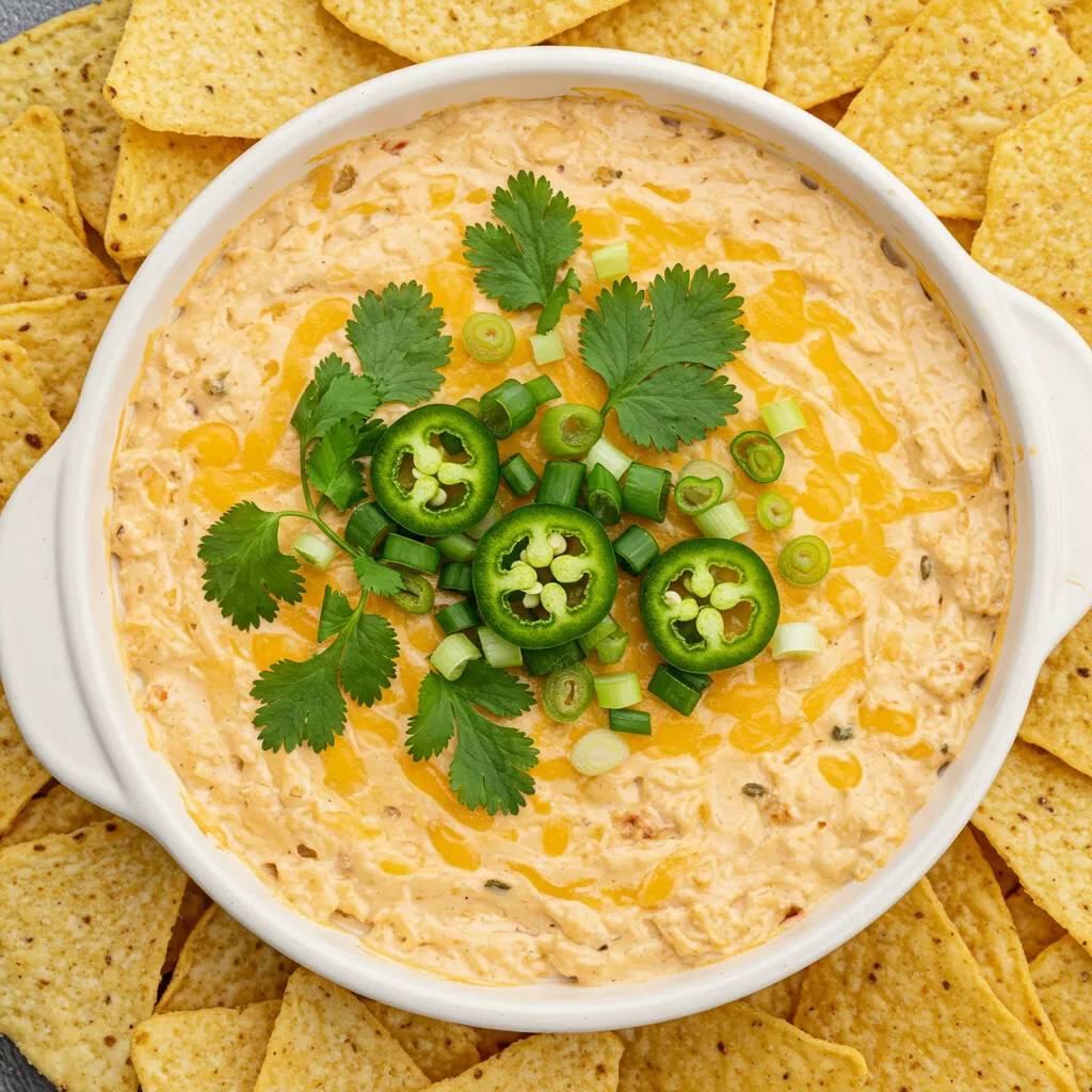 A warm and creamy bowl of Spicy Jalapeño Cheddar Dip, garnished with fresh cilantro, sliced jalapeños, and green onions. The dip is surrounded by crispy tortilla chips, with a bubbling surface that highlights its rich, cheesy texture.