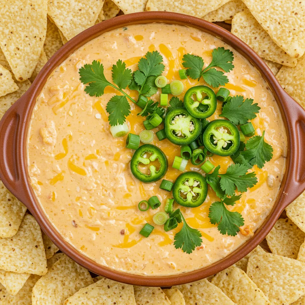 A warm and creamy bowl of Spicy Jalapeño Cheddar Dip, garnished with fresh cilantro, sliced jalapeños, and green onions. The dip is surrounded by crispy tortilla chips, with a bubbling surface that highlights its rich, cheesy texture.