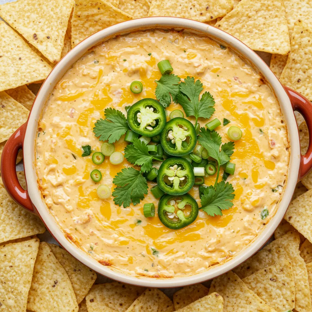 A warm and creamy bowl of Spicy Jalapeño Cheddar Dip, garnished with fresh cilantro, sliced jalapeños, and green onions. The dip is surrounded by crispy tortilla chips, with a bubbling surface that highlights its rich, cheesy texture.