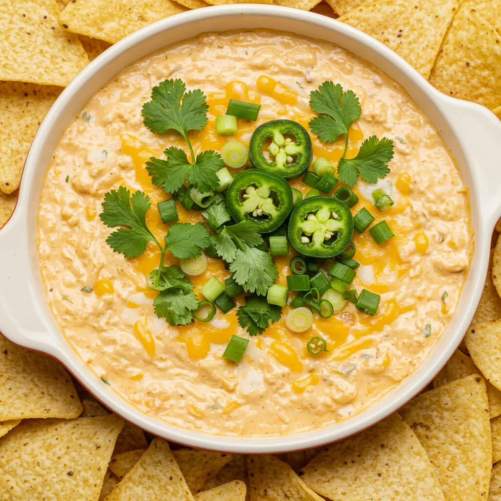 A warm and creamy bowl of Spicy Jalapeño Cheddar Dip, garnished with fresh cilantro, sliced jalapeños, and green onions. The dip is surrounded by crispy tortilla chips, with a bubbling surface that highlights its rich, cheesy texture.