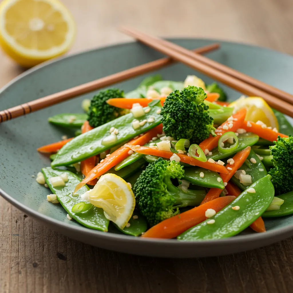 Spring Vegetable Stir-Fry with Lemon-Garlic Dressing, served in a bowl with vibrant vegetables and a drizzle of dressing.