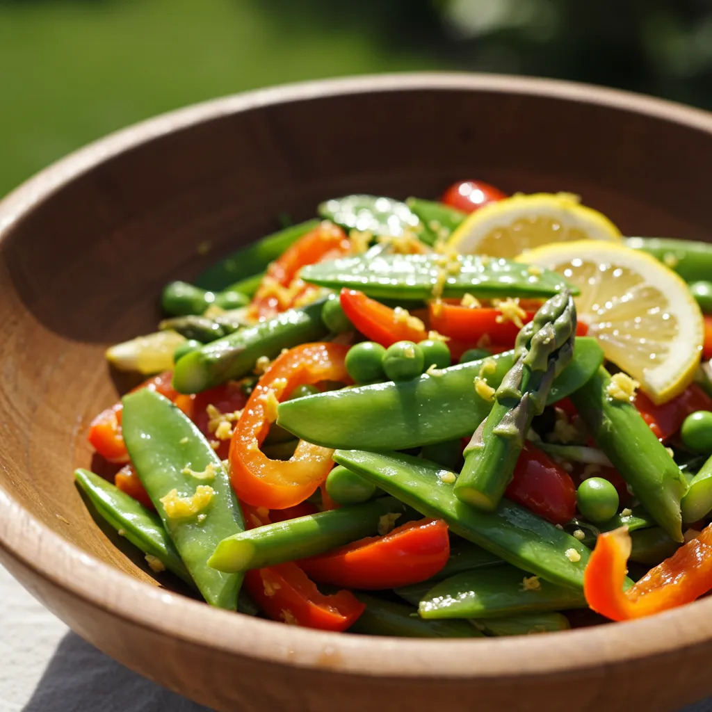 Spring Vegetable Stir-Fry with Lemon-Garlic Dressing, served in a bowl with vibrant vegetables and a drizzle of dressing.