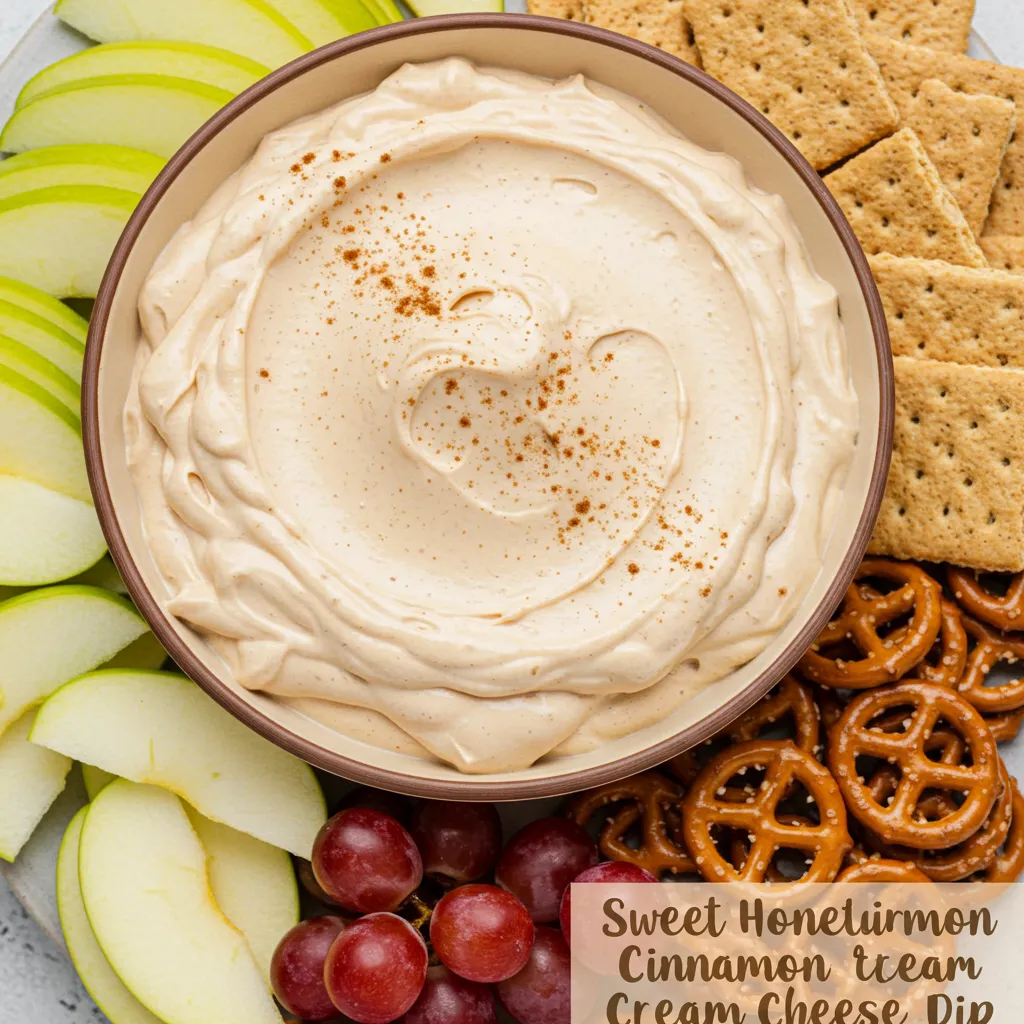 Sweet Honey Cinnamon Cream Cheese Dip in a bowl, garnished with cinnamon, surrounded by apple slices, grapes, graham crackers, and pretzels.