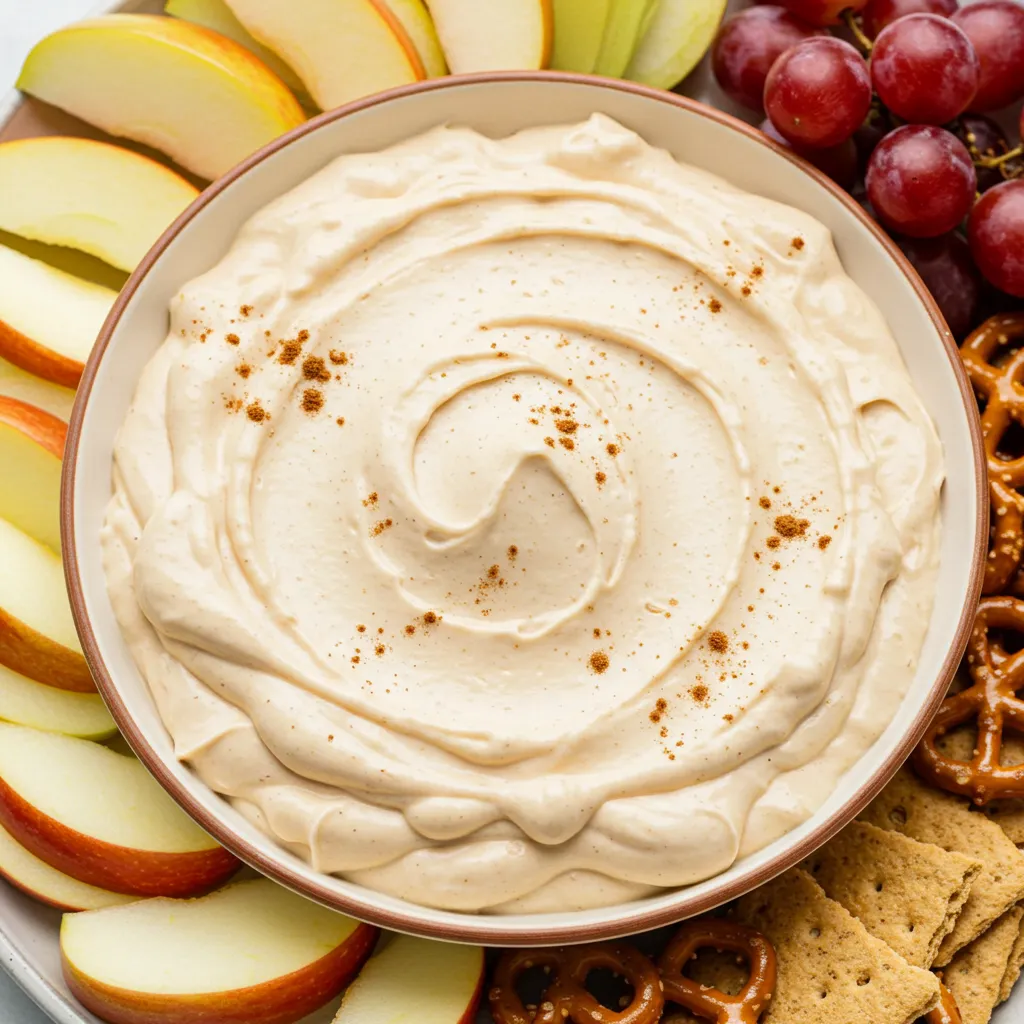 Sweet Honey Cinnamon Cream Cheese Dip in a bowl, garnished with cinnamon, surrounded by apple slices, grapes, graham crackers, and pretzels.