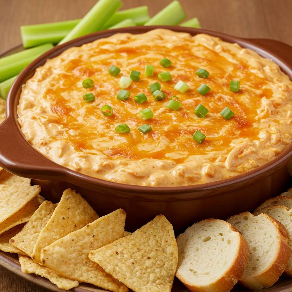 A close-up of creamy Velveeta Buffalo Chicken Dip served in a bowl, topped with green onions, and surrounded by tortilla chips, celery sticks, and sliced bread for dipping.