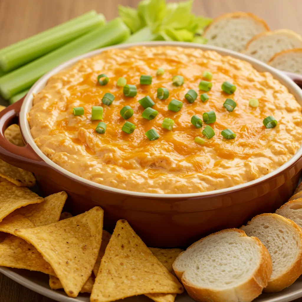 A close-up of creamy Velveeta Buffalo Chicken Dip served in a bowl, topped with green onions, and surrounded by tortilla chips, celery sticks, and sliced bread for dipping.