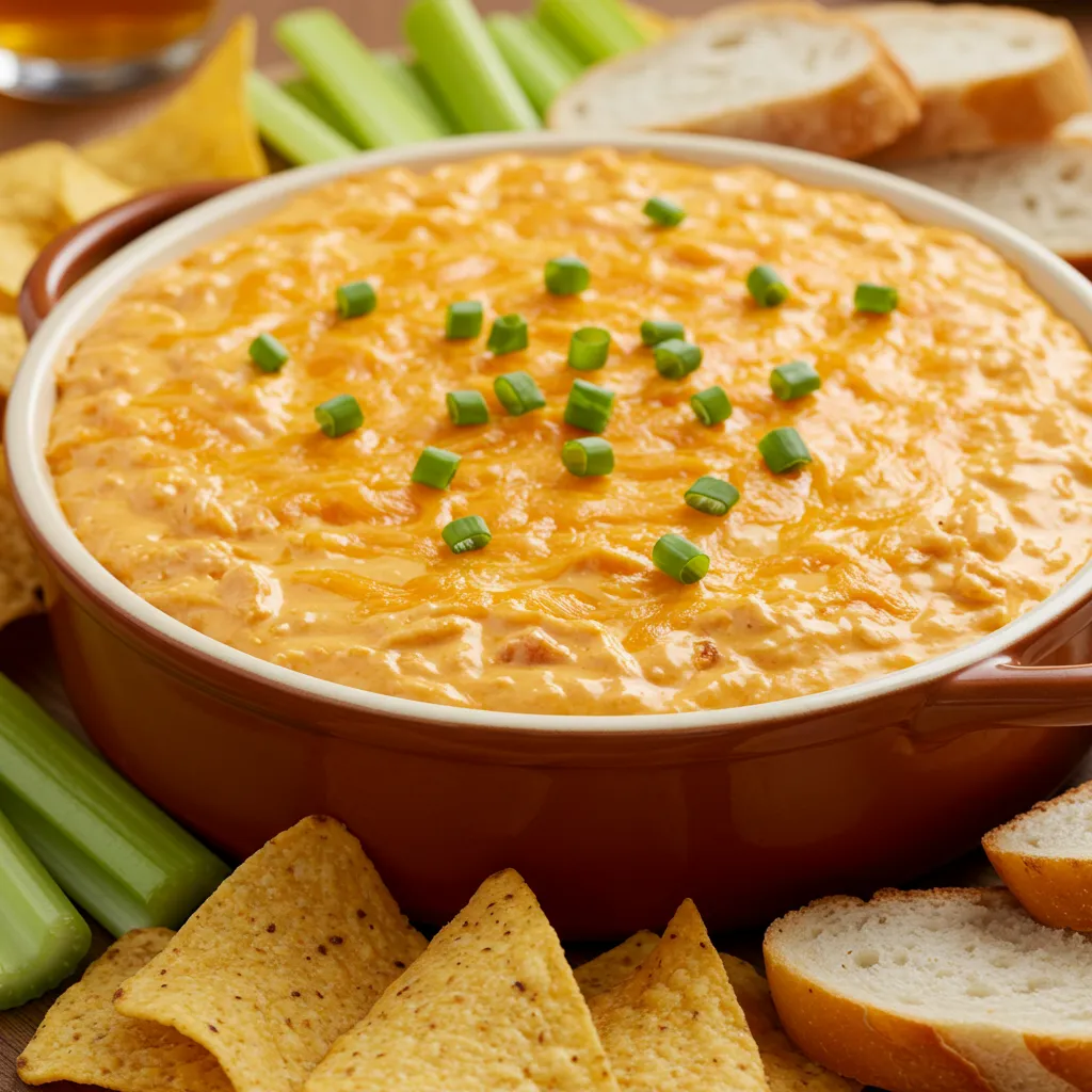 A close-up of creamy Velveeta Buffalo Chicken Dip served in a bowl, topped with green onions, and surrounded by tortilla chips, celery sticks, and sliced bread for dipping.