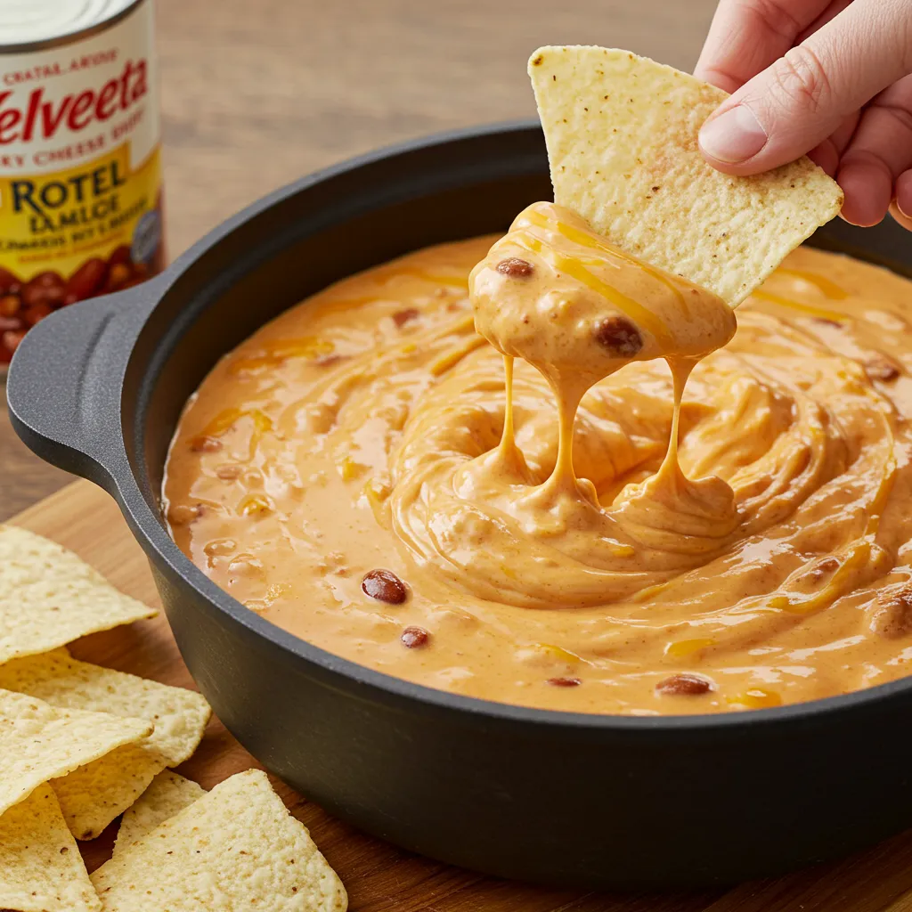 A bowl of Velveeta Chili Cheese Dip, rich and creamy with melted cheese, chili, and Rotel tomatoes, served with crispy tortilla chips.