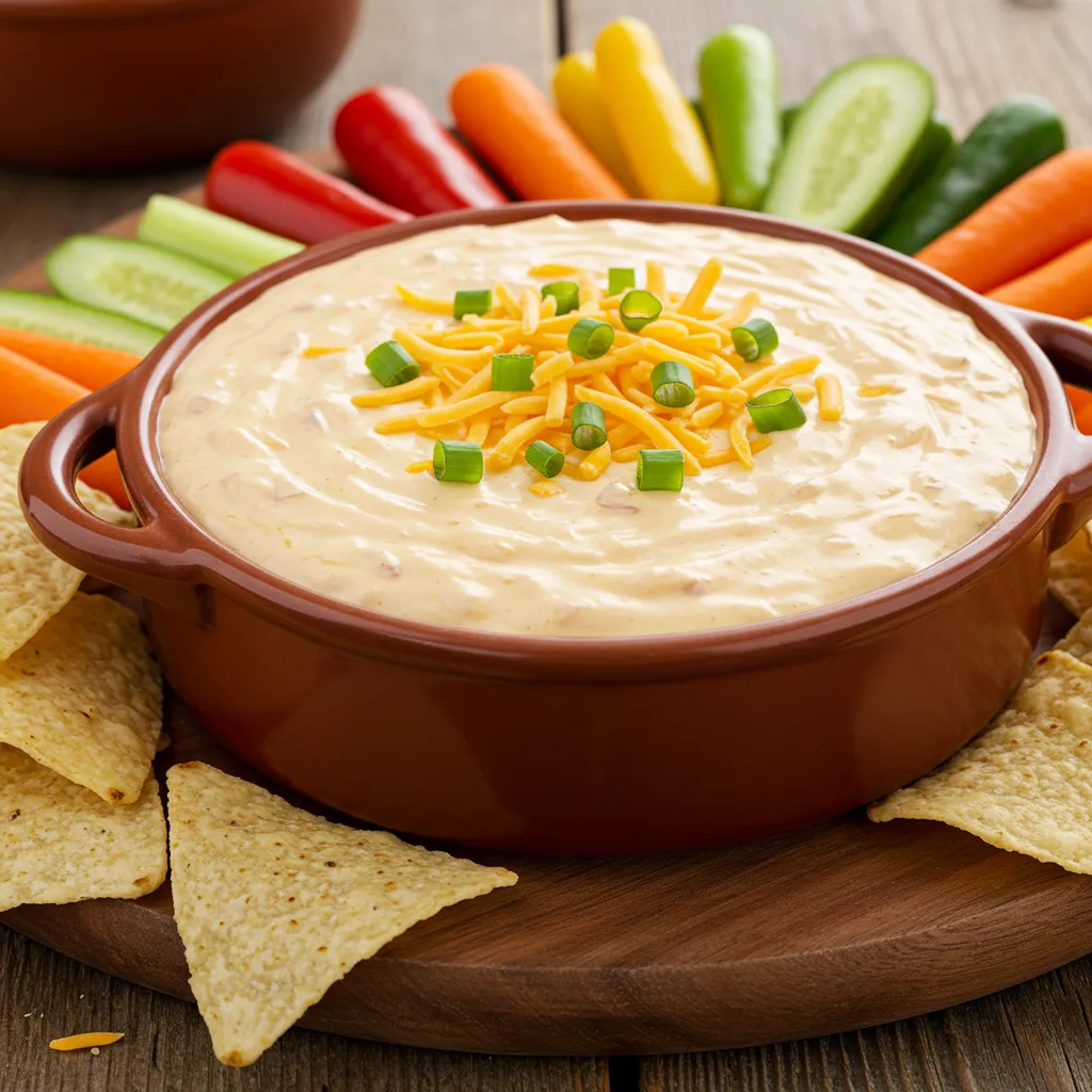 Velveeta Ranch Cheese Dip served in a bowl, topped with shredded cheese and green onions, surrounded by tortilla chips and fresh vegetables for dipping.