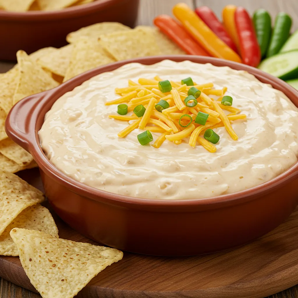 Velveeta Ranch Cheese Dip served in a bowl, topped with shredded cheese and green onions, surrounded by tortilla chips and fresh vegetables for dipping.