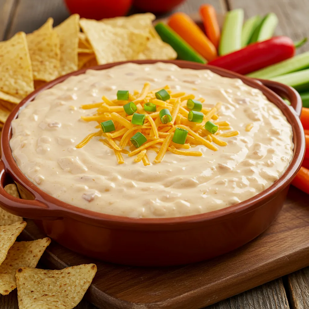 Velveeta Ranch Cheese Dip served in a bowl, topped with shredded cheese and green onions, surrounded by tortilla chips and fresh vegetables for dipping.