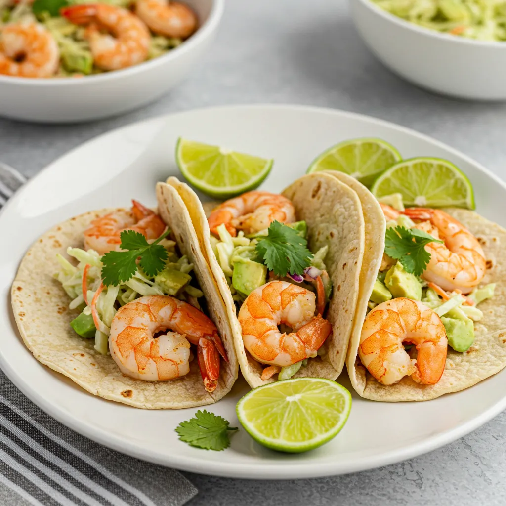 A plate of Zesty Lemon Shrimp Tacos with Avocado Slaw, garnished with fresh cilantro and served with lime wedges on the side.