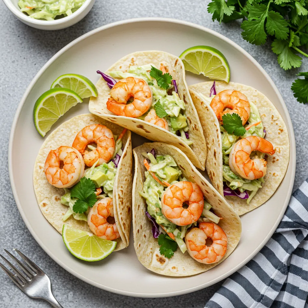 A plate of Zesty Lemon Shrimp Tacos with Avocado Slaw, garnished with fresh cilantro and served with lime wedges on the side.