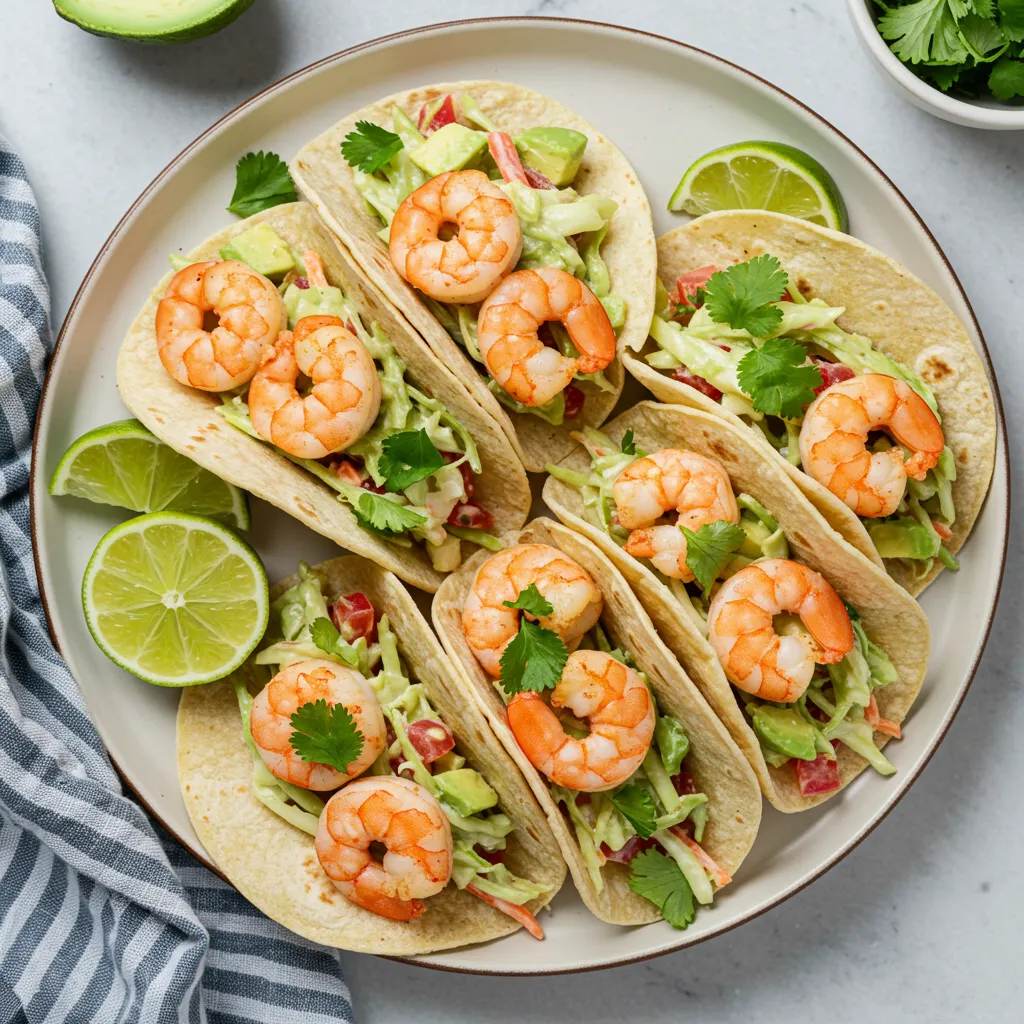 A plate of Zesty Lemon Shrimp Tacos with Avocado Slaw, garnished with fresh cilantro and served with lime wedges on the side.