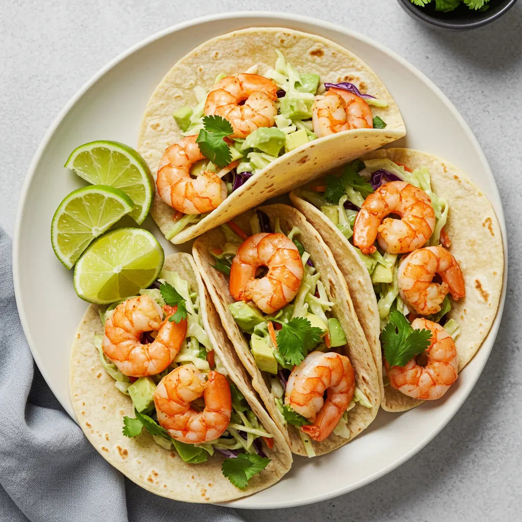 A plate of Zesty Lemon Shrimp Tacos with Avocado Slaw, garnished with fresh cilantro and served with lime wedges on the side.