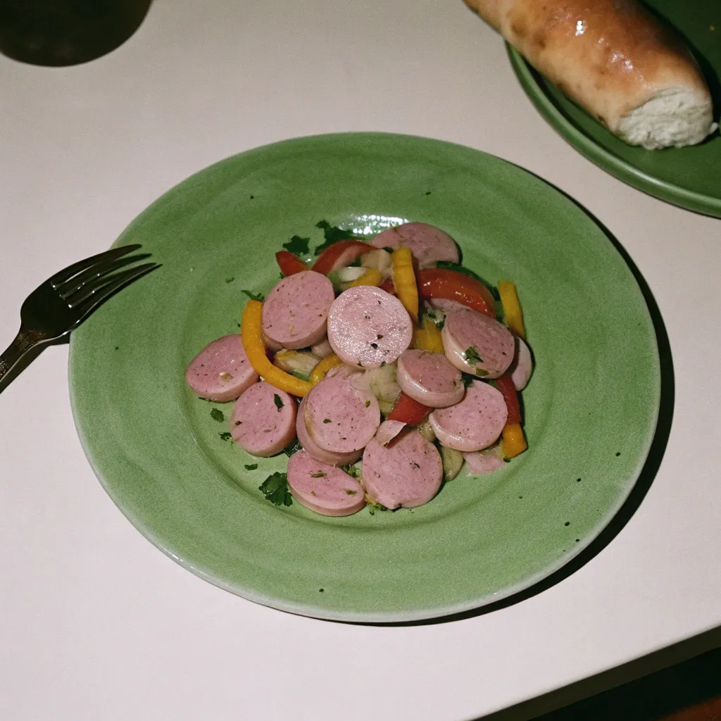 A hearty dish of sliced Italian sausage, sautéed bell peppers in red, yellow, and green, and caramelized onions, garnished with fresh parsley and red pepper flakes. Served on a rustic plate with a hoagie roll in the background.