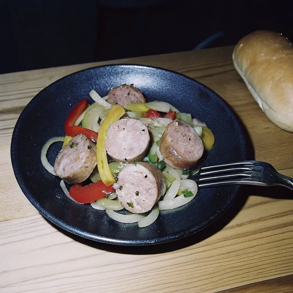 A hearty dish of sliced Italian sausage, sautéed bell peppers in red, yellow, and green, and caramelized onions, garnished with fresh parsley and red pepper flakes. Served on a rustic plate with a hoagie roll in the background.