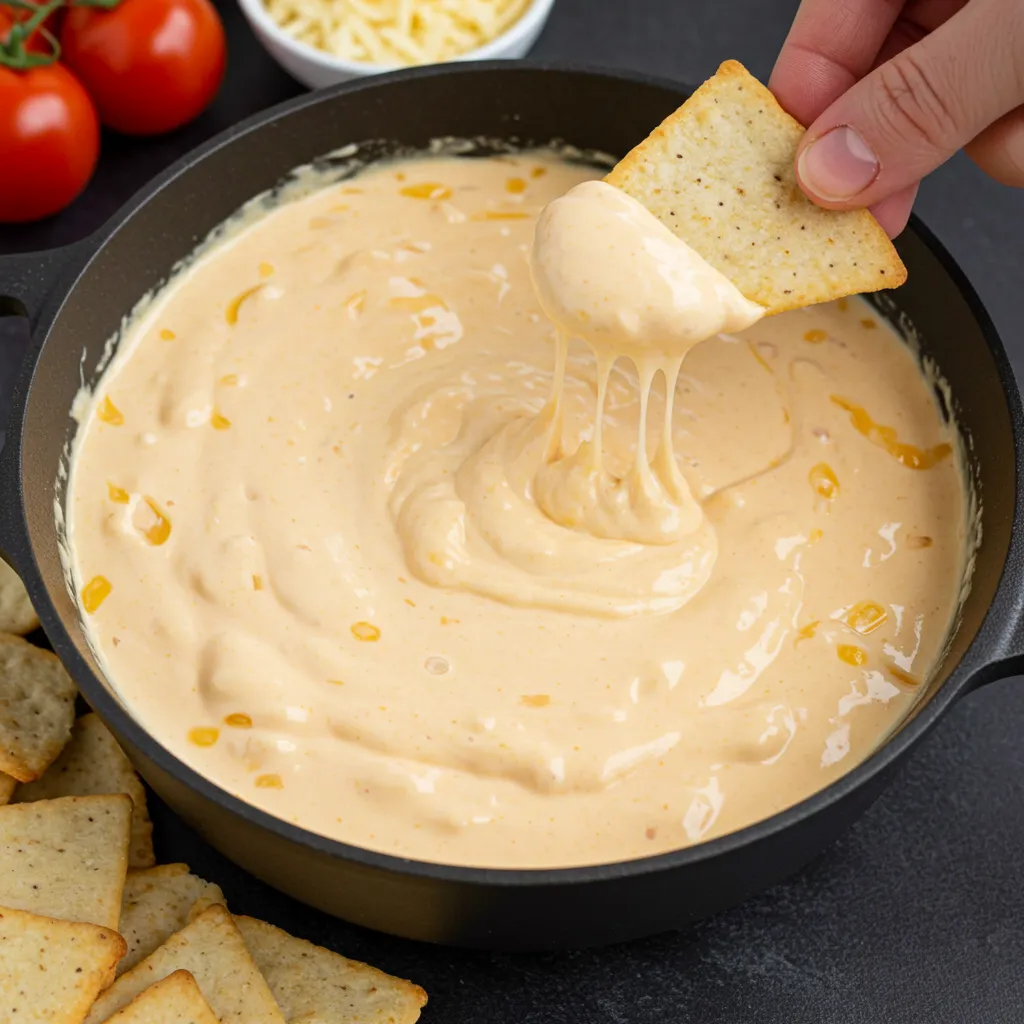 A creamy, golden cheese dip served in a bowl with tortilla chips on the side, garnished with finely chopped jalapeños.