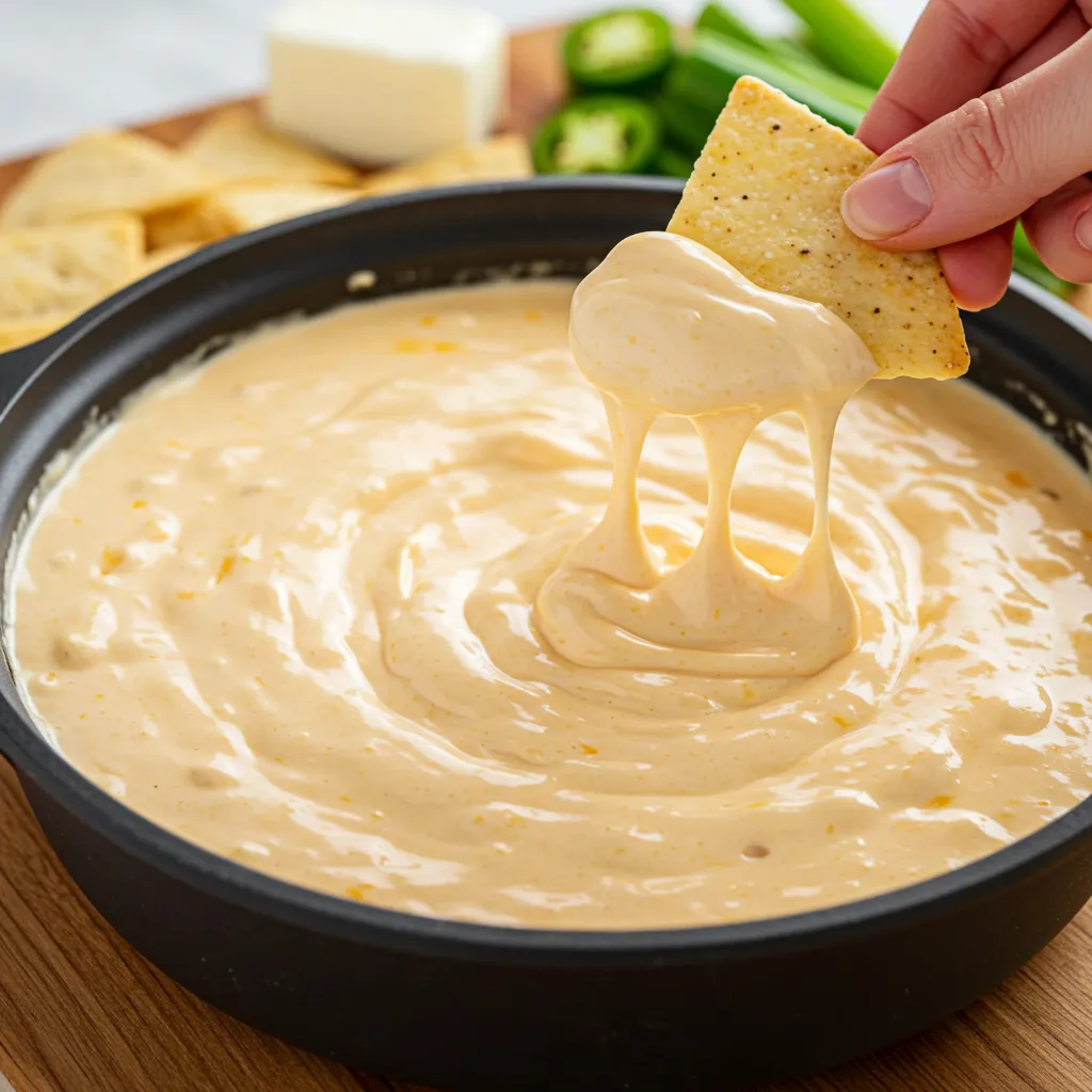 A creamy, golden cheese dip served in a bowl with tortilla chips on the side, garnished with finely chopped jalapeños.