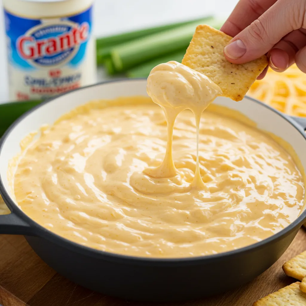 A creamy, golden cheese dip served in a bowl with tortilla chips on the side, garnished with finely chopped jalapeños.