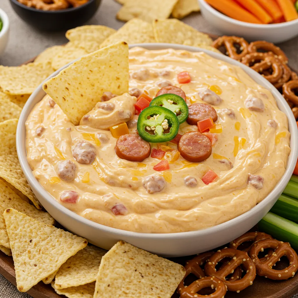 A close-up of creamy Velveeta Sausage Cheese Dip with sausage, Rotel tomatoes, and jalapeños, served in a bowl with tortilla chips, pretzels, and veggie sticks for dipping.