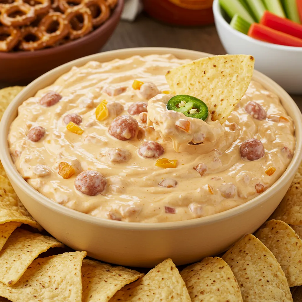 A close-up of creamy Velveeta Sausage Cheese Dip with sausage, Rotel tomatoes, and jalapeños, served in a bowl with tortilla chips, pretzels, and veggie sticks for dipping.