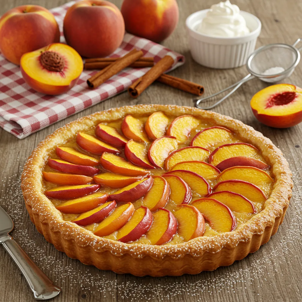 A homemade peach tart with a golden crust and glossy peach slices, garnished with powdered sugar, sitting on a rustic wooden table.