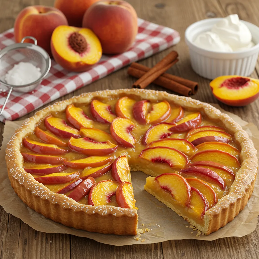 A homemade peach tart with a golden crust and glossy peach slices, garnished with powdered sugar, sitting on a rustic wooden table.