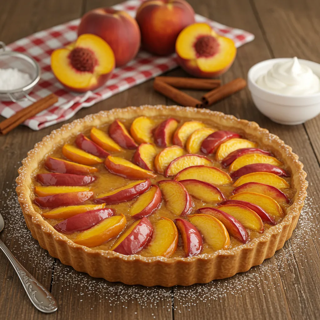 A homemade peach tart with a golden crust and glossy peach slices, garnished with powdered sugar, sitting on a rustic wooden table.