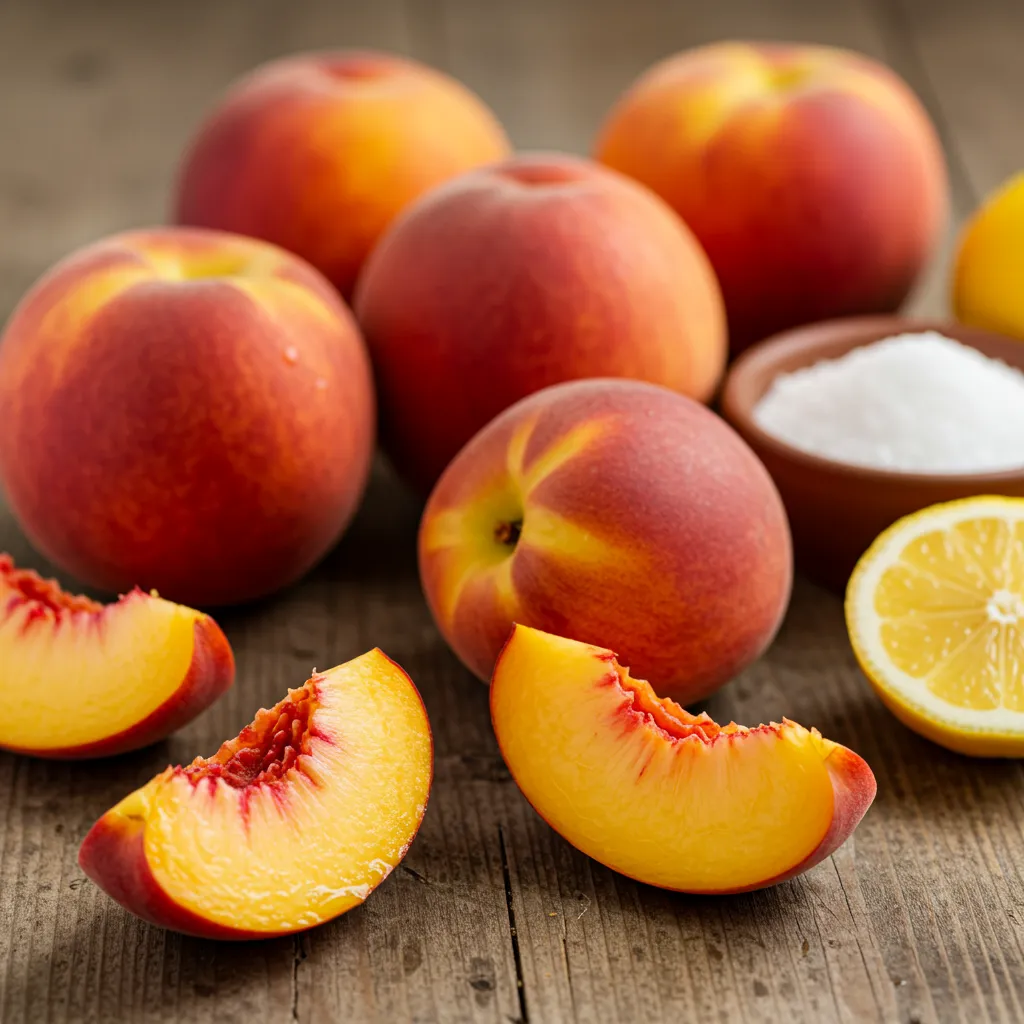 A variety of fresh peaches, some whole and others sliced open, revealing juicy golden flesh. A dish of sugar and lemon wedges are placed nearby, illustrating the contrast between peaches tart or sweet flavors.