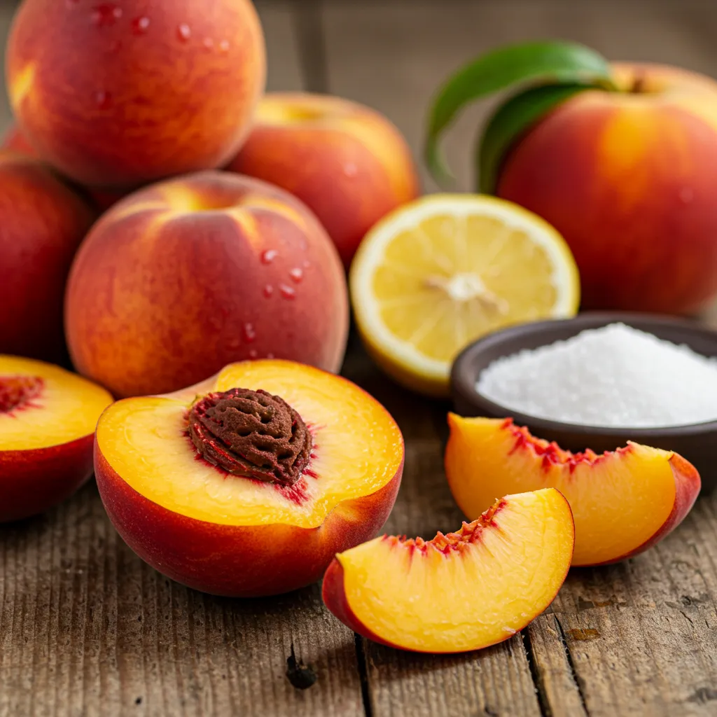 A variety of fresh peaches, some whole and others sliced open, revealing juicy golden flesh. A dish of sugar and lemon wedges are placed nearby, illustrating the contrast between peaches tart or sweet flavors.