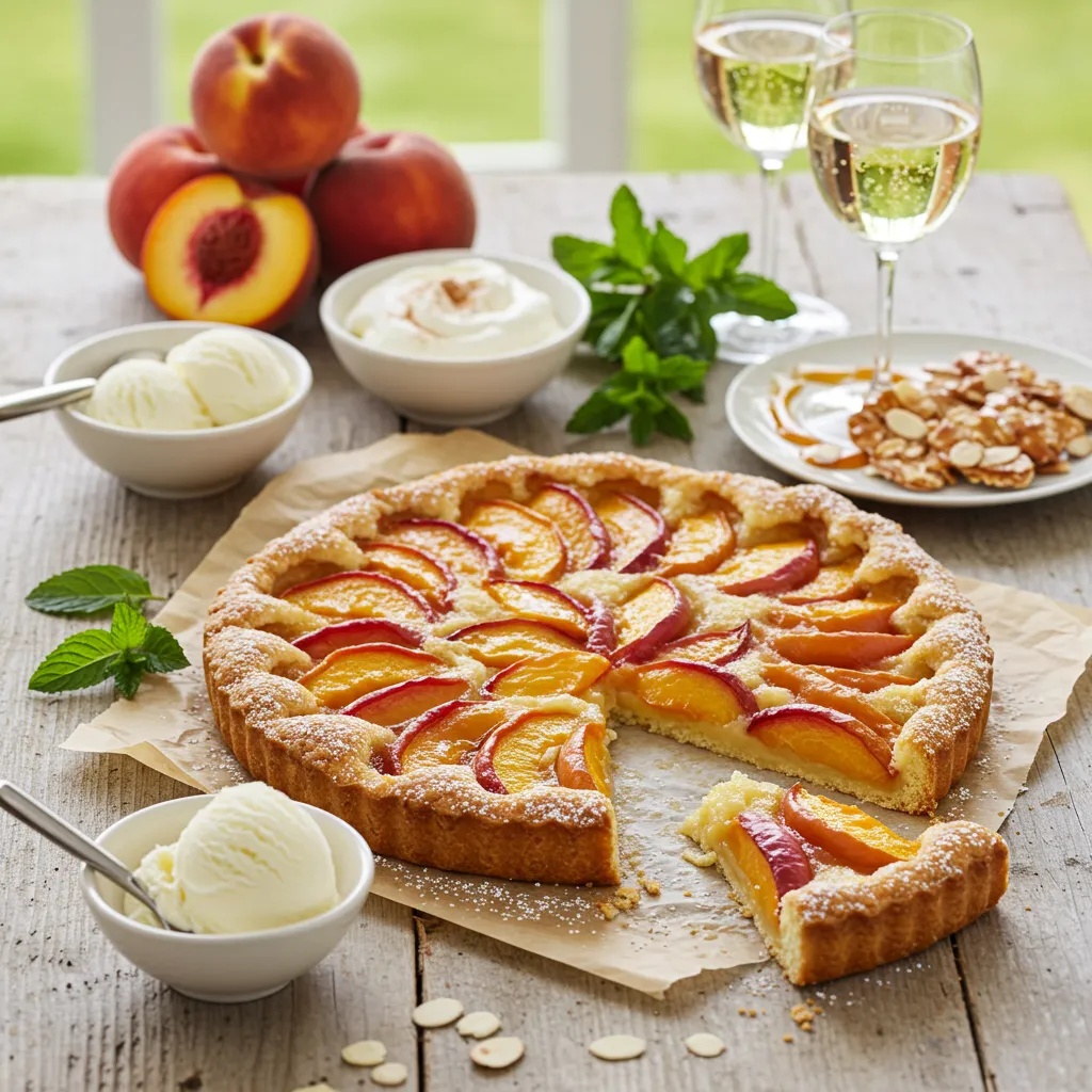 A freshly baked peach tart with a golden flaky crust, topped with caramelized peach slices, surrounded by vanilla ice cream, whipped cream, sparkling wine, and almond praline on a rustic wooden table.