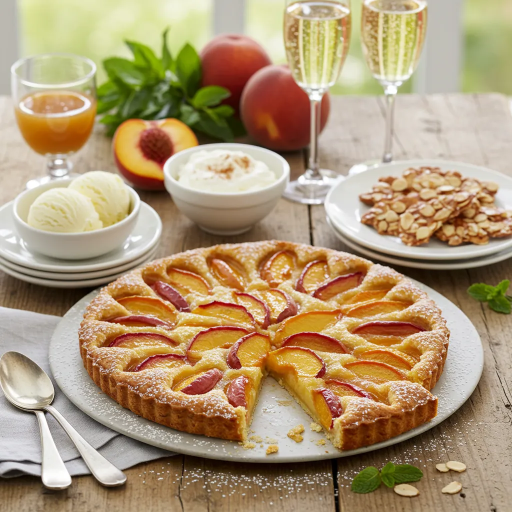 A freshly baked peach tart with a golden flaky crust, topped with caramelized peach slices, surrounded by vanilla ice cream, whipped cream, sparkling wine, and almond praline on a rustic wooden table.